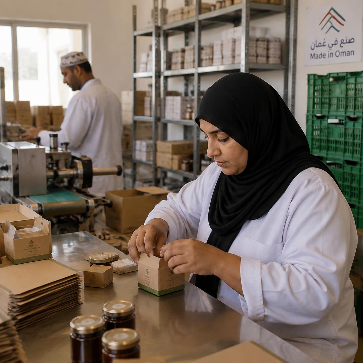 Products being packed in a small Omani production workshop