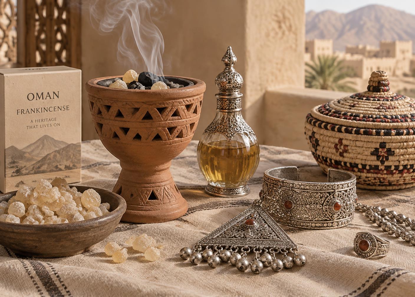 Frankincense, perfume, Omani silver jewellery and a handwoven basket
